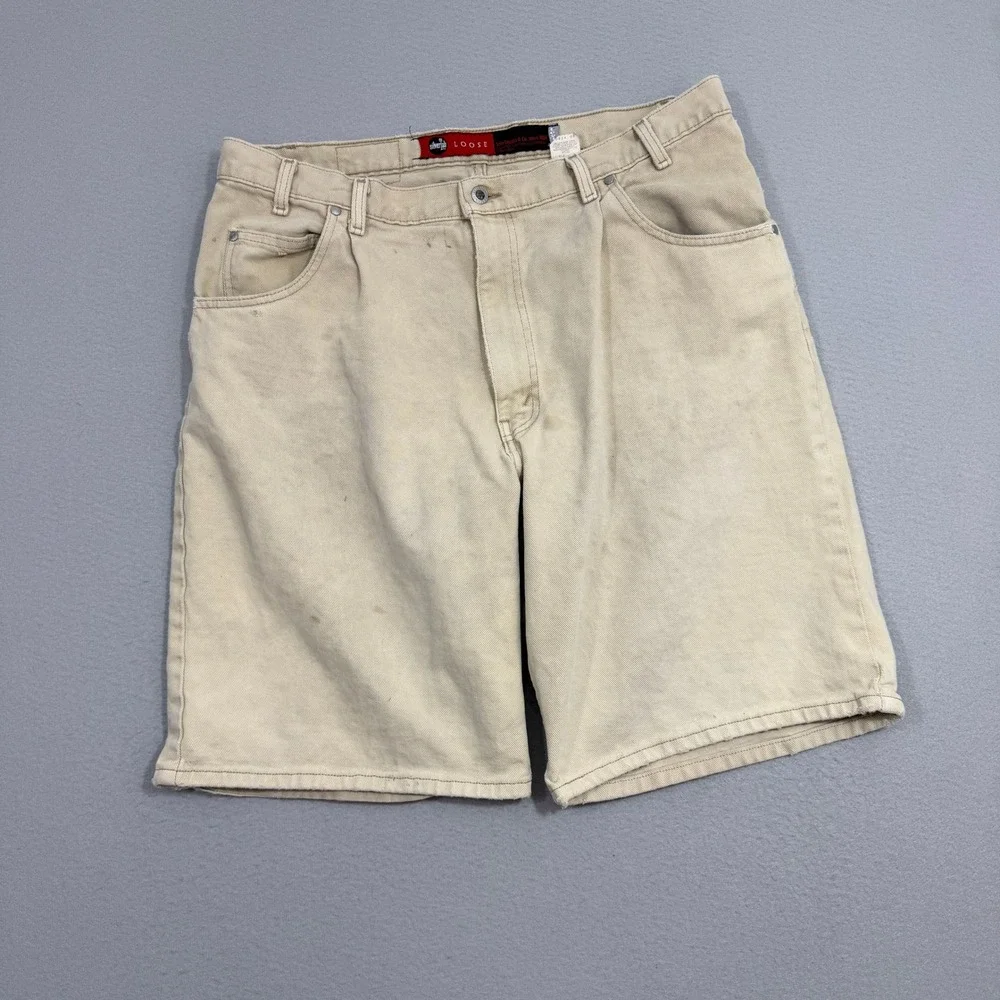 Vintage 90s Levis Silvertab Loose Denim Shorts 40 Baggy Beige Khaki Made in USA